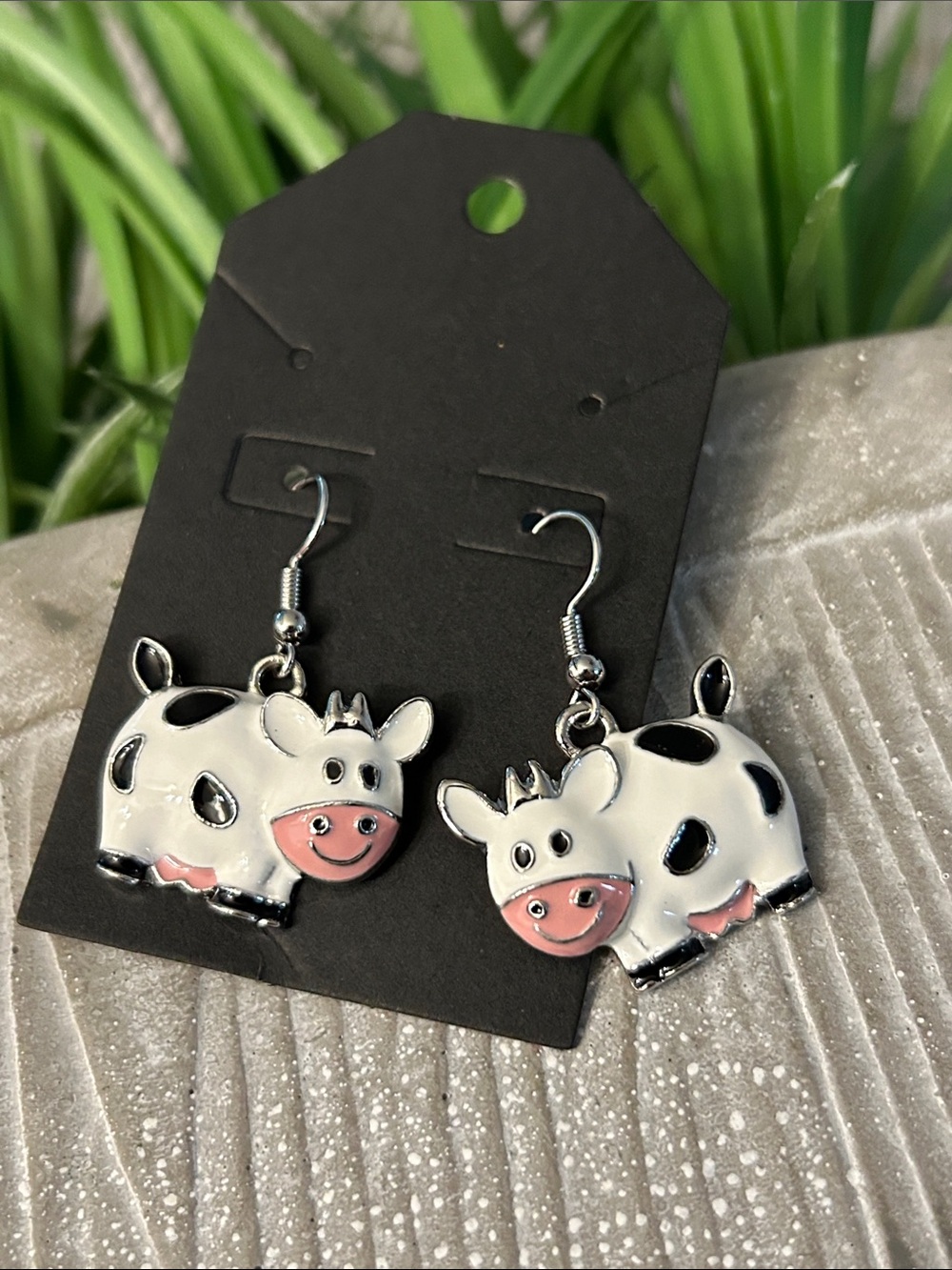 Cow earrings dangle drop NEW white and black Holstein cows metallic and enamel